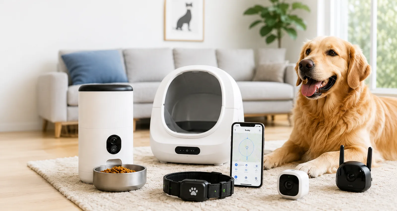Golden retriever with smart pet feeder, automatic litter box, GPS collar and pet cameras