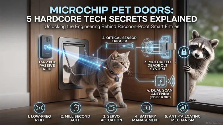 An illustrative technical header for TechPetly.com showing a sophisticated microchip pet door installed in a modern entrance. A tabby cat with an RFID implant uses the door, while a frustrated raccoon is blocked outside. Stylized blue tech rays show the 134.2 kHz RFID scanning process. The door is split, revealing internal components and technical labels like 'Micro-Current Management', 'Motorized Deadbolts', and 'Optical Sensing'. Above, large text reads 'MICROCHIP PET DOORS: 5 HARDCORE TECH SECRETS EXPLAINED'. Five small icons below summarize the tech benefits. A small 'AFFILIATE PARTNER' badge and 'TechPetly.com' logo are visible.