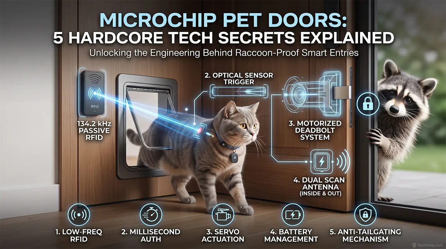 An illustrative technical header for TechPetly.com showing a sophisticated microchip pet door installed in a modern entrance. A tabby cat with an RFID implant uses the door, while a frustrated raccoon is blocked outside. Stylized blue tech rays show the 134.2 kHz RFID scanning process. The door is split, revealing internal components and technical labels like 'Micro-Current Management', 'Motorized Deadbolts', and 'Optical Sensing'. Above, large text reads 'MICROCHIP PET DOORS: 5 HARDCORE TECH SECRETS EXPLAINED'. Five small icons below summarize the tech benefits. A small 'AFFILIATE PARTNER' badge and 'TechPetly.com' logo are visible.