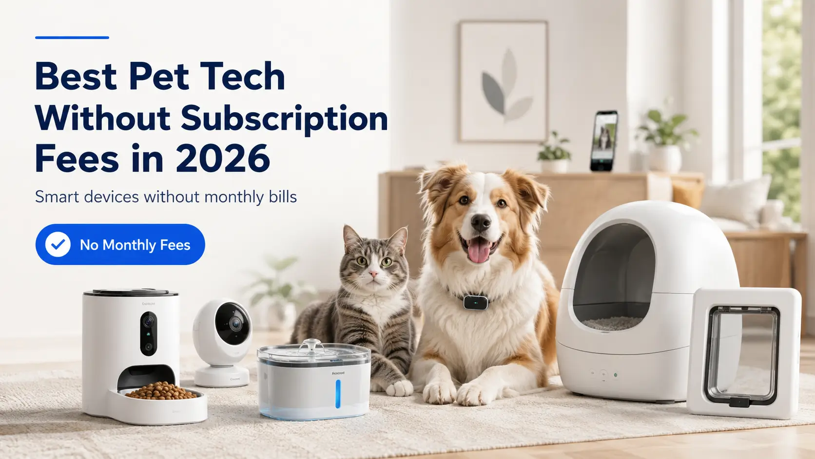 Best pet tech without subscription fees, featuring a smart feeder, pet camera, water fountain, automatic litter box, microchip pet door, cat, and dog.