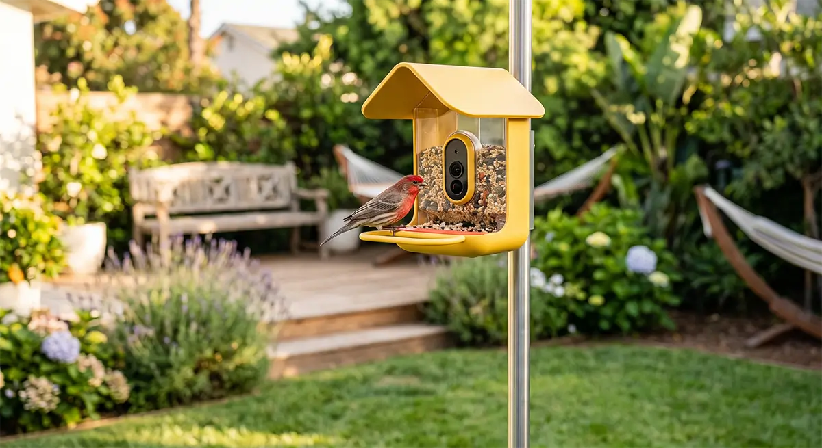 Bird Buddy review - smart bird feeder in a backyard