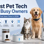 Best pet tech products for busy owners, including a smart feeder, self-cleaning litter box, pet camera, water fountain, GPS tracker, and smart pet door