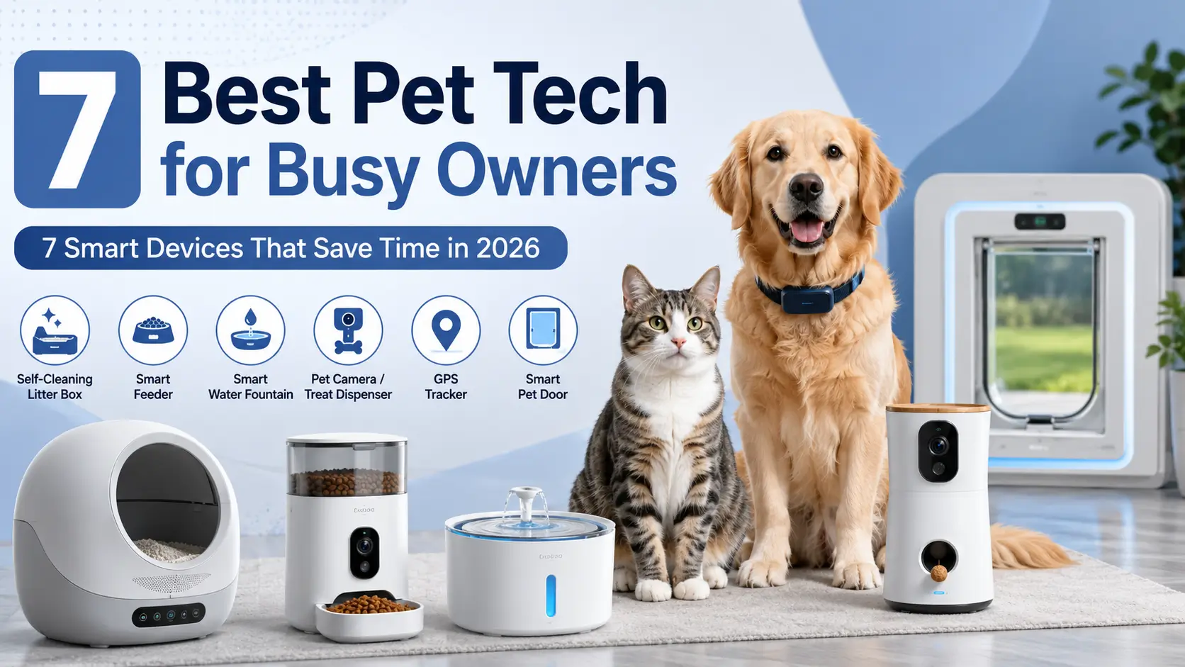 Best pet tech products for busy owners, including a smart feeder, self-cleaning litter box, pet camera, water fountain, GPS tracker, and smart pet door