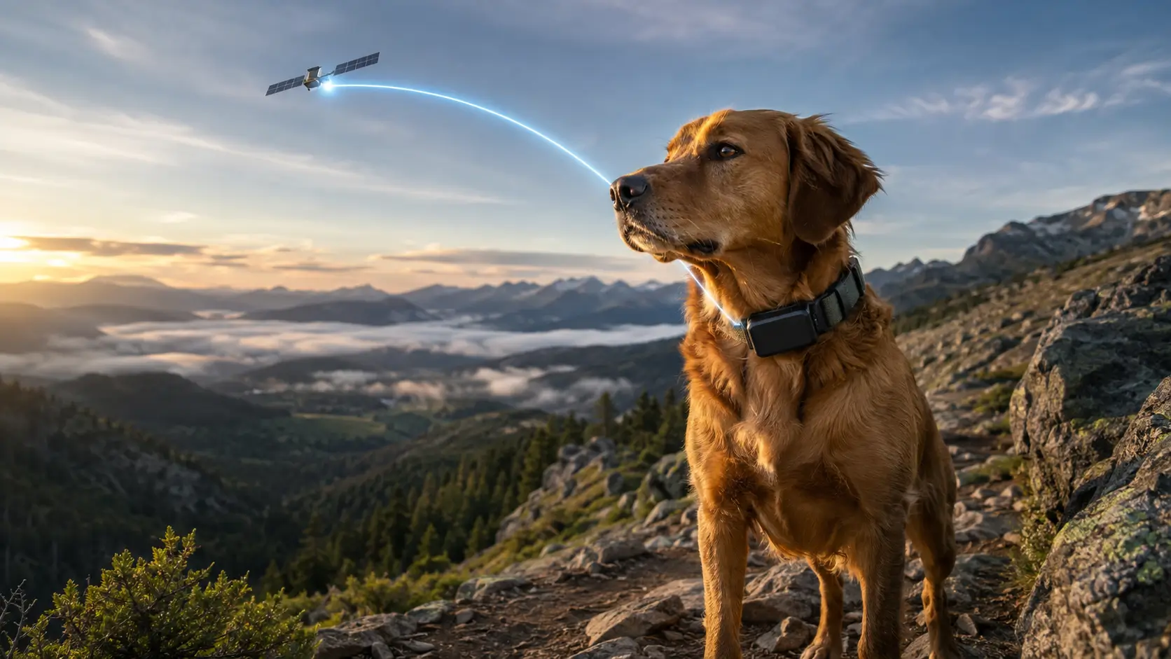 Fi Ultra Starlink satellite dog tracker attached to a dog on a remote mountain trail